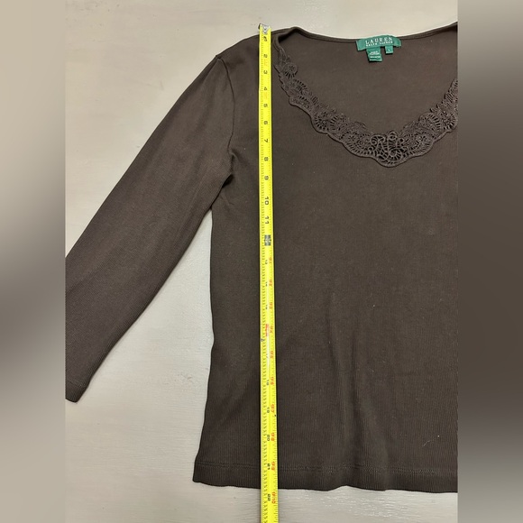 Lauren Ralph Lauren Brown Ribbed Knit Top Lace Trim V-Neck Long Sleeve Size L - Picture 6 of 9